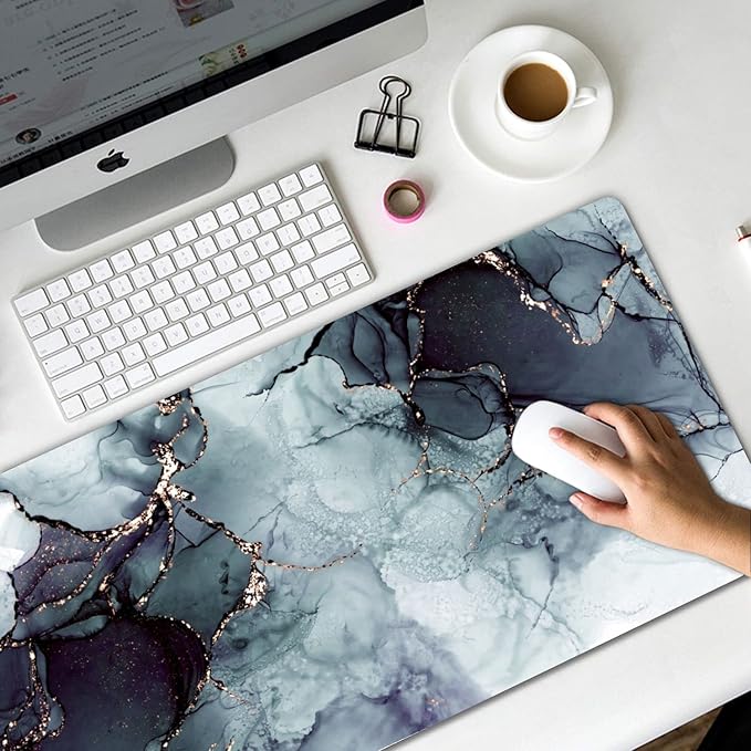Extended Gaming Mouse Pad (31.5x11.8 in), Large Non-Slip Rubber Base Mousepad,Keyboard Mouse Mat Desk Pad for Work, Game, Office, Home -Painting Ink Blue Black Rose Gold Marble, Bo-M-010