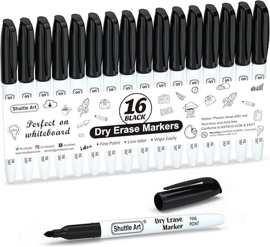 Shuttle Art Dry Erase Markers, 16 Pack Black Whiteboard Markers,Fine Tip Dry Erase Markers for Kids,Perfect for Writing on Whiteboards, Dry-Erase Boards,Mirrors,Calender,School Office Supplies