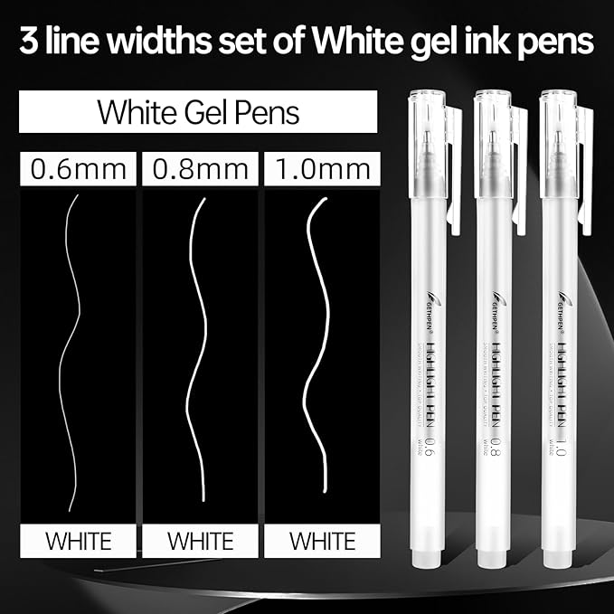White Gel Pens - Fine, Medium & Bold Tip Ink Pens for Journaling, Art, or Drawing- For Holiday Gifts & DIY Projects - White Ink, Archival Ink Pens -0.6/0.8/1.0 Assorted Tip Sizes -9 Pack