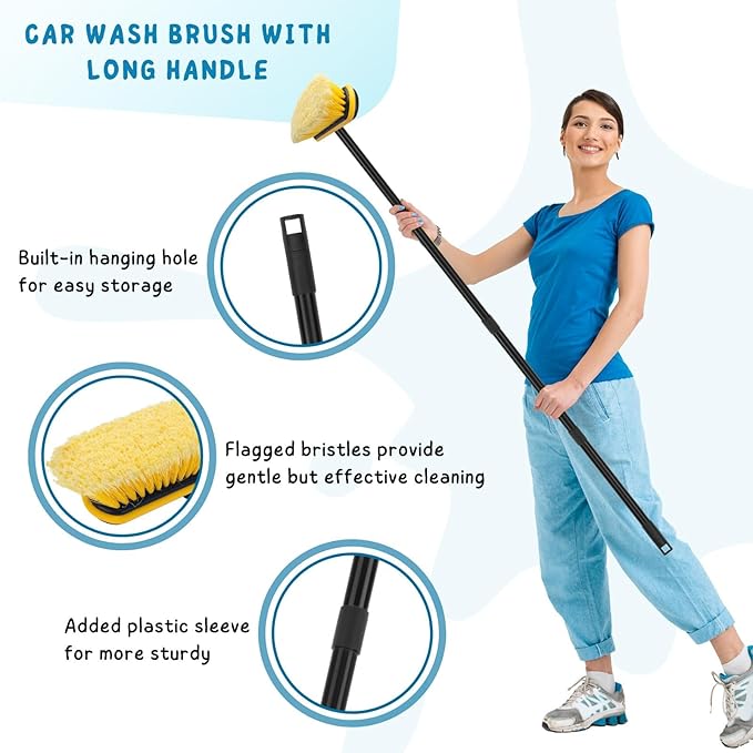 KeFanta Car Wash Brush with Long Handle, 55'' Vehicles Exterior Washing Supplies, Soft Bristle Scrub Broom for Solar Panel, Boat, RV, Truck, Deck Cleaning, 2 Wax Applicator Pads Included