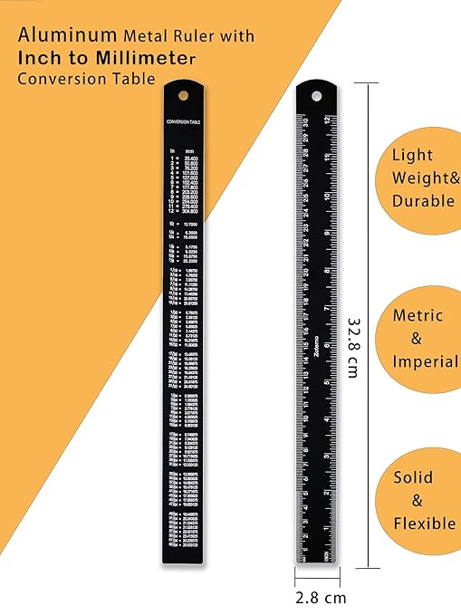 Metal Ruler 12 Inch, Metric Ruler Dual Scale with Laser Etched Measurement, 2 Pack Easy to Read Aluminum Straight Edge with Inch to Millimetre Conversion Table for Office Back to School Student
