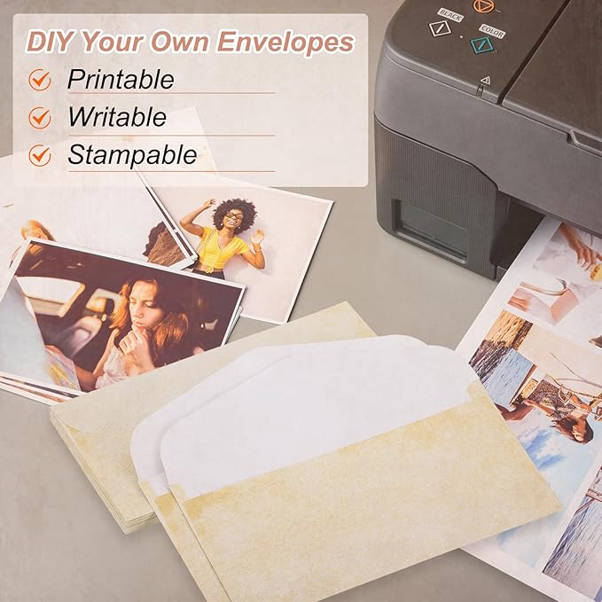 MECCANIXITY 48 Packs Envelopes Vintage Stationery Light Yellow Stationery Old Fashion Paper for Letter Writing, Invitations, Wedding-9 x 4 Inch