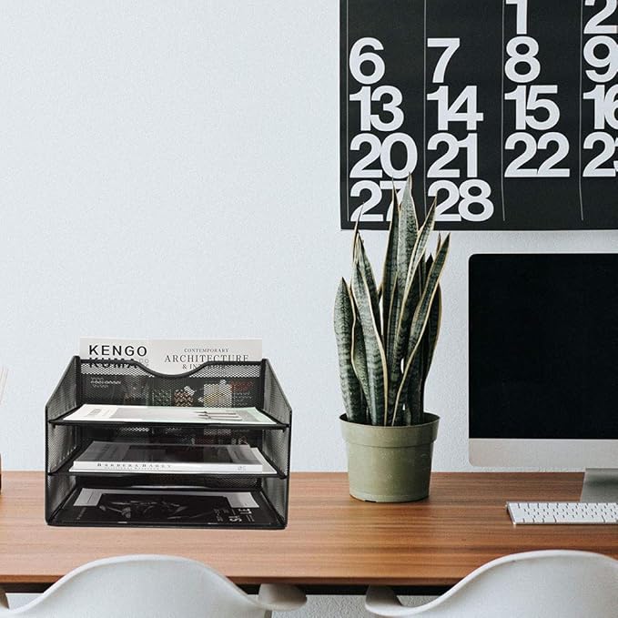 EASEPRES Mesh Desktop File Organizer, Document Mail Desk Folder Holder with 3 Paper Letter Tray and 1 Vertical Upright Compartment for Office Supplies, Desk Accessories & Workspace, Black