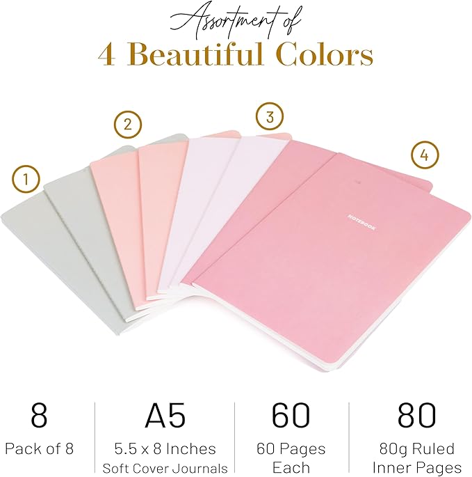 Notebook Journal (8 Pack), A5, 5.5 x 8 in, 80 gsm thick paper, Cute Soft Paper Cover Notebook Set, Thin Writing Journal for Travel, Meditation, Wedding and Dream Journals, Lightweight Lined