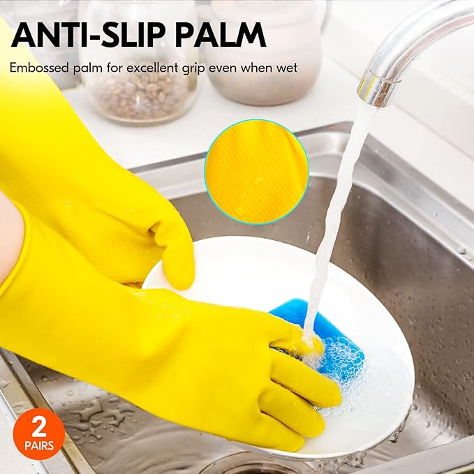 Vgo... 2-Pairs Reusable Household Gloves, Rubber Dishwashing gloves, Extra Thickness, Long Sleeves, Kitchen Cleaning, Working, Painting, Gardening, Pet Care (Size L, Yellow, HH4601)