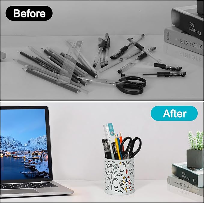 EasyPAG White Pen Holder for Desk 2 Pack Metal Pen Holder Organizer Pencil Cup Holder for Home, Office, Classroom, School