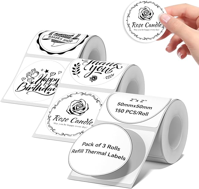3 Rolls Round White Labels for NIIMBOT B1 B21 B3S K3 Label Maker, 2'' x 2'' (50x50mm) Printer Labels, Food Labels for Jars, Personalized Editable Labels for Home/School/Office