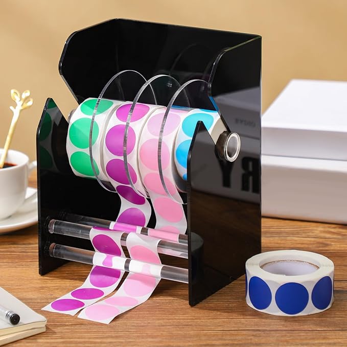 Geosar Adjustable Label Dispenser 4 Disks Sticker Roll Holder Sticker Dispenser Black Label Roll Holder Acrylic Sticker Holder Organizer Desk Tape Dispenser Label Stand for Office Home Desktop