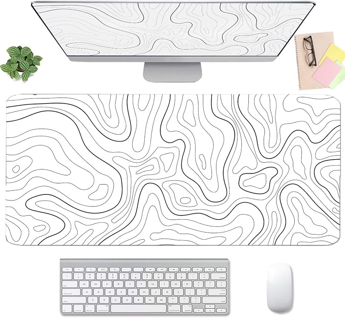 Large Mouse Pad, White Extended Mouse Pad Desk Pad Ergonomic Easy Typing for Office Game Home Non Slip - White Topographic Contour