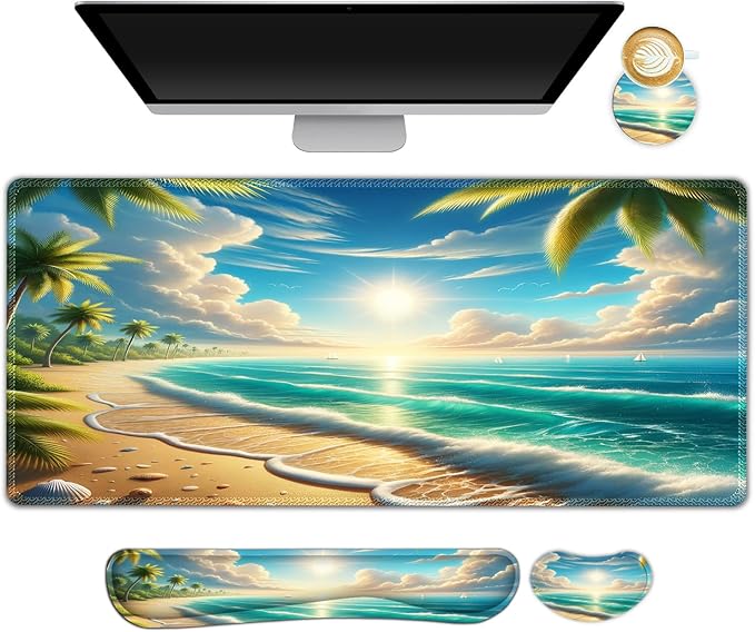 Large Mouse Pad and Keyboard Wrist Rest, Extended Mouse Pad with Wrist Support Ergonomic, Non-Slip Desk Mat, Desk Protector Blotter for Home Office, Sunny Beach