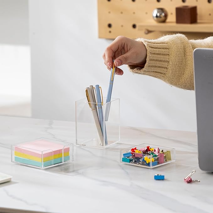 HBlife Office Desk Organizer Set of 3 with Pen Pencil Holder, Paperclip Storage and Sticky Note Holder, Clear Acrylic Desktop Accessories and Workspace Organizers for Women or Men