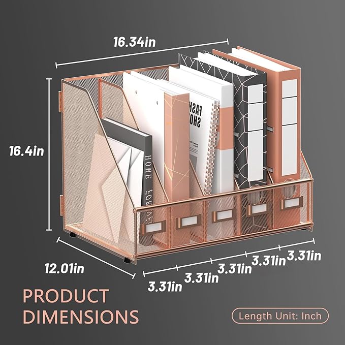 DALTACK Desk Organizers Metal Magazine File Holder with 5 Vertical Compartments Folder Storage Binder Organizer for Office Home School Organization, Rose Gold, Plus