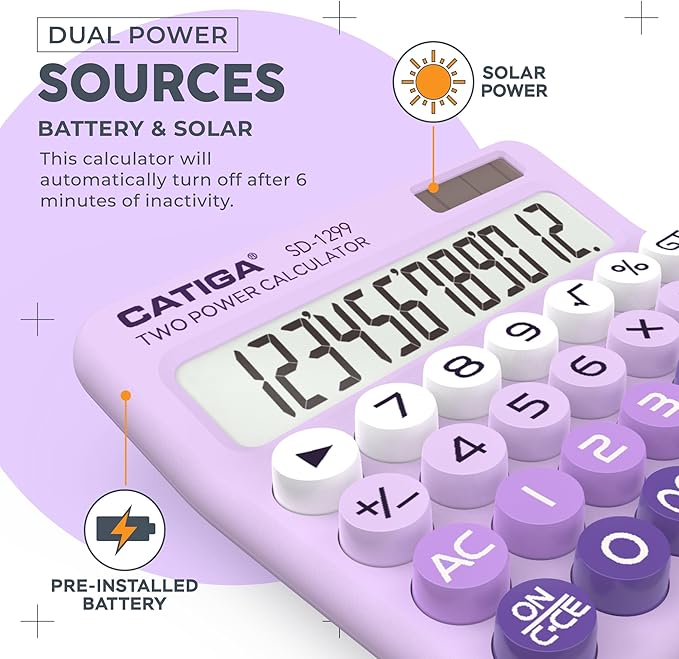 CATIGA Mechanical Switch Calculator with Solar and Battery Dual Power, 12-Digit Large LCD Display, Aesthetic and Cute Desktop Calculator with Big Button, for Home, School and Office Use, SD-1299