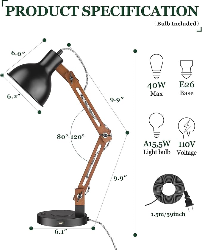 ELYONA LED Sapele Wood Desk Lamp with Upgraded Wireless Charger & USB C Charging Port Modern Table Lamp Swing Arm Bedside Reading Task Light for Dorm Office Bedroom Living Room Bulb Included Black