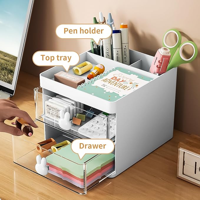 Marbrasse Small Desk Organizer with Drawer, Multi-Functional Pen Pencil Holder Storage Box, Desk Organizers and Accessories with 3 Compartments + 2 Drawer for Office Art Supplies(White)