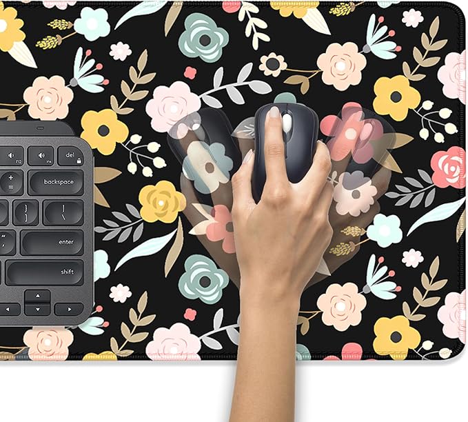 Black Cartoon Flowers Desk Pad Mouse Pad,Floral Prints Extended Large Gaming Mouse Mat with Stitched Edges,Non-Slip Waterproof Rubber Base Mousepad for Office Work Home Desk Mat(27.5X11.8 in)