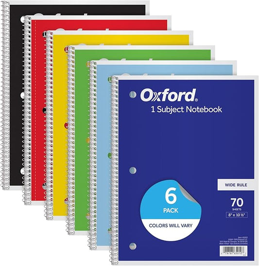 Oxford Spiral Notebooks, 6 Pack, 1 Subject, Wide Ruled Notebooks for School, 8 x 10.5 Inches, 70 Sheets, Assorted Colors, Back to School Supplies (65010)
