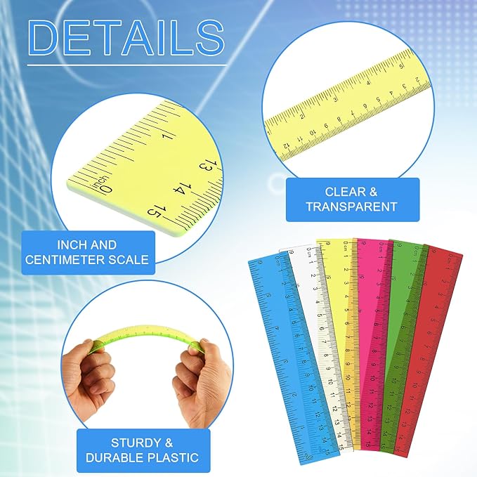 6 Inch Ruler 6Pcs Clear Plastic Ruler for School Office Home Straight Edge Rulers with Centimeters and Inches for Kids Drawing Students Adults Colored for Classroom