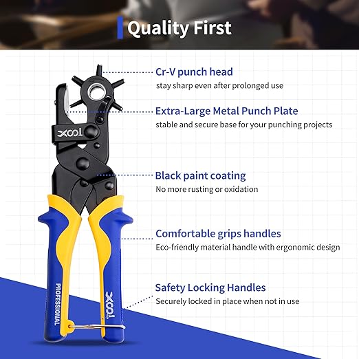Revolving Punch Plier Kit, XOOL Professional Leather Hole Punch Set,Leather Hole Punch Set for Belts, Watch Bands, Straps, Dog Collars, Saddles, DIY Home or Craft Projects, Heavy Duty Rotary Puncher