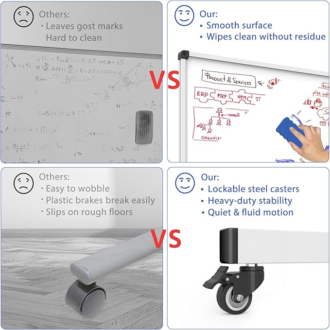Double-Sided Whiteboard and Corkboard on Wheels, 48 x 32 Inch Magnetic Dry Erase Board with Adjustable Height Stand, Rolling Mobile Board for Office, Classroom, Presentation & Planning (Cork & White)