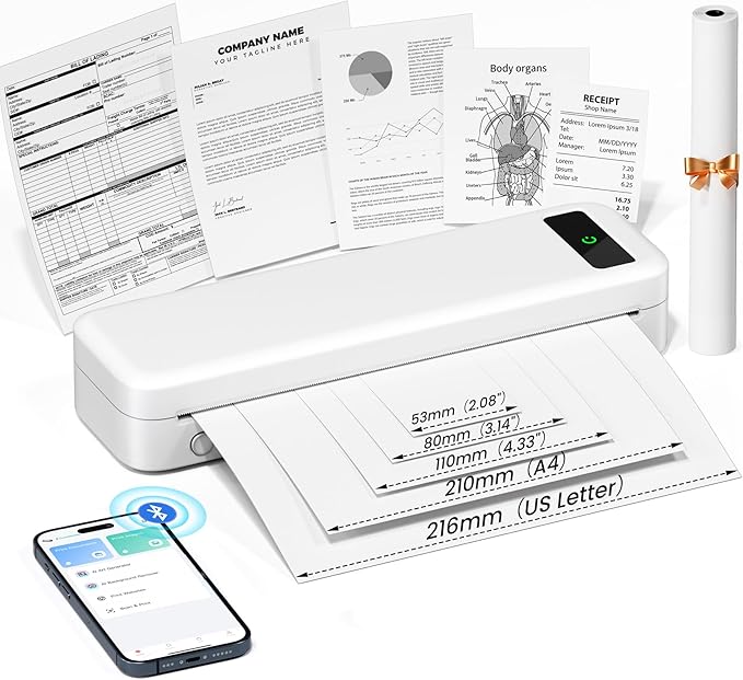 Portable Thermal Printer, Bluetooth Portable Printers Wireless for Travel Home, Small Inkless Mobile Mini Printer for Phone Laptop, Support 8.5'' x 11'' US Letter,A4,4.33'',3.14'',2.08'' Thermal Paper