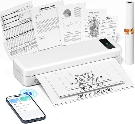 Portable Thermal Printer, Bluetooth Portable Printers Wireless for Travel Home, Small Inkless Mobile Mini Printer for Phone Laptop, Support 8.5'' x 11'' US Letter,A4,4.33'',3.14'',2.08'' Thermal Paper