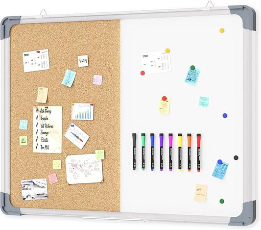 Cork Board White Board Combo, 18" x 24" Cork White Board Combination with Removable Tray, 10 Pins, Eraser, 8 Markers, 6 Magnets（Vertical）