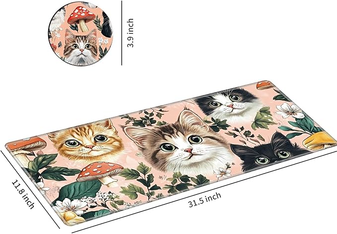 Desk Mat Large Gaming Mouse Pad (31.5x11.8 inch) with Stitched Edges, XL Mouse Pad +Coaster, Extended Mouse Mat Keybroad Mousepad Non-Slip Rubber for Gamer Men Women, Cute Cats