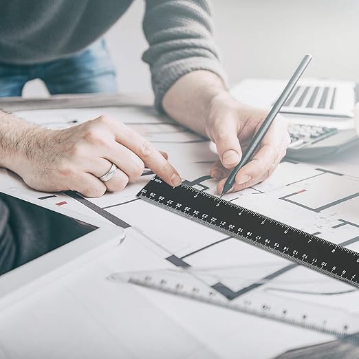 eBoot 2 Pieces Plastic Ruler Straight Ruler 12 Inch Black Plastic Rulers Measuring Tool for School, Home, or Office