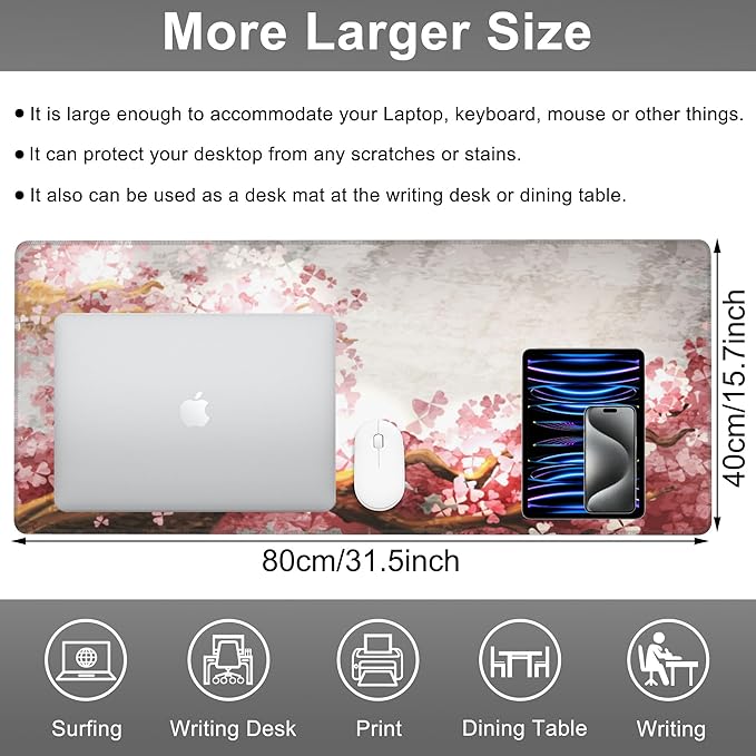 Mouse Pad, Large Blooming Sakura Desk Mat, Extended Non-Slip Gaming Keyboard Mousepad Desk Pad, Thick Stitched Edges Waterproof Mouse Mat 31.5"x15.7" (Cherry Branch)