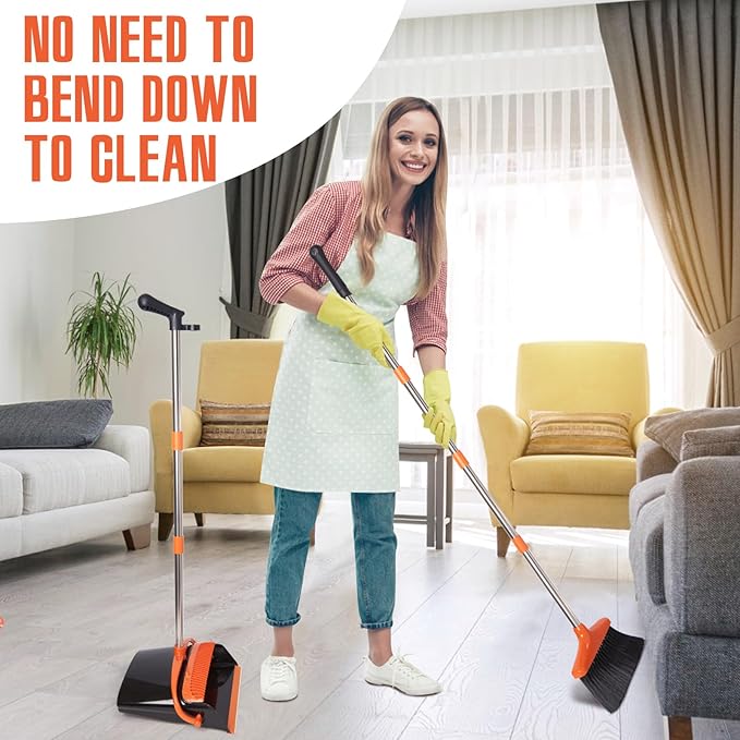 XXFLOWER Broom and Dustpan Set with Long Handle, Light Weight Stainless Steel Poles Stand Upright Dustpans with Broom Combo for Home Kitchen Office Pet Dog Hair, Black & Orange Color, 1-Pack