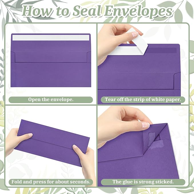 50 Pcs Purple #10 Business Envelopes, Self Seal Standard Envelopes, Windowless Business Mailing Envelopes for Office, Checks, Letters, Invoices, Statements, Wedding, 4-1/8 x 9-1/2 inch