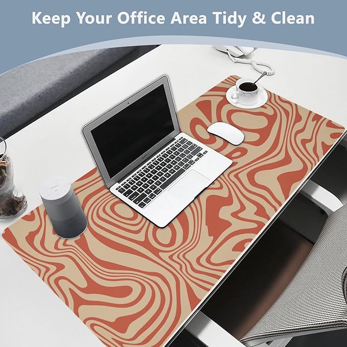 Mouse Pad Desk Mat Leather Desk Pad Large Gaming Desk Cover Protector Mat for Keyboard Computer Laptop Office Waterproof 35.4 x 16.5 Inch Wavy Red and Beige