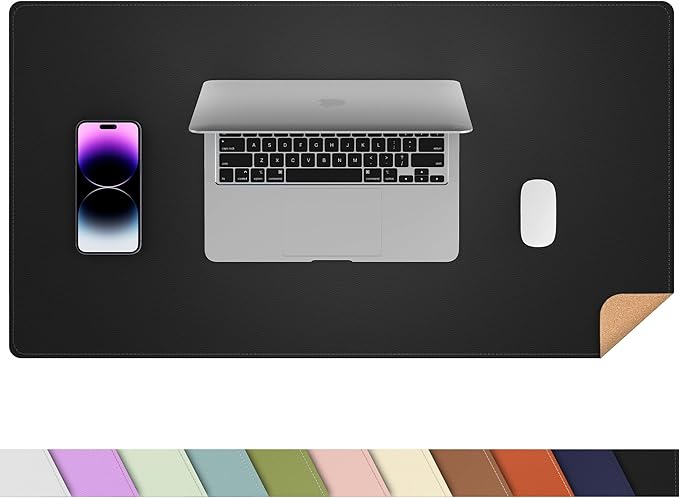 AFIING Dual-Sided Desk Pad, Natural Cork & PU Leather, Desk Mat Protector Non-Slip, Waterproof, Easy Clean,Large Mouse mats for Office and Home Work(Black, 31.5"x17")