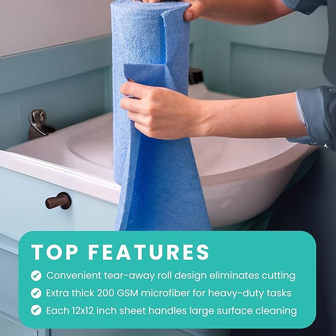 Microfiber Cleaning Cloth Roll, Reusable Tear Away Towels, Ultra Absorbent Dish Rags for Car, Home, Garage (Blue 200 GSM Thickness)