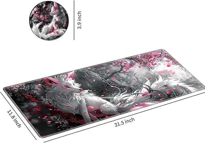 Desk Mat Large Gaming Mouse Pad (31.5x11.8 inch) with Stitched Edges, XL Mouse Pad +Coaster, Extended Mouse Mat Keybroad Mousepad Non-Slip Rubber for Gamer Men Women, White Fox