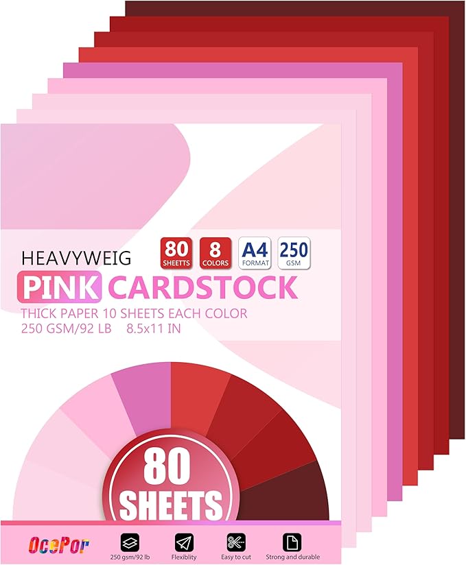 OcePor 80 Sheets Pinks Cardstock Paper, Colored Printer Paper 8.5 x 11, Thick Construction for Cards Making, Scrapbook，Office Printing, Invitations, Certificates，DIY Crafting 92 lb/250gsm