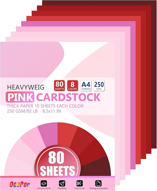 OcePor 80 Sheets Pinks Cardstock Paper, Colored Printer Paper 8.5 x 11, Thick Construction for Cards Making, Scrapbook，Office Printing, Invitations, Certificates，DIY Crafting 92 lb/250gsm