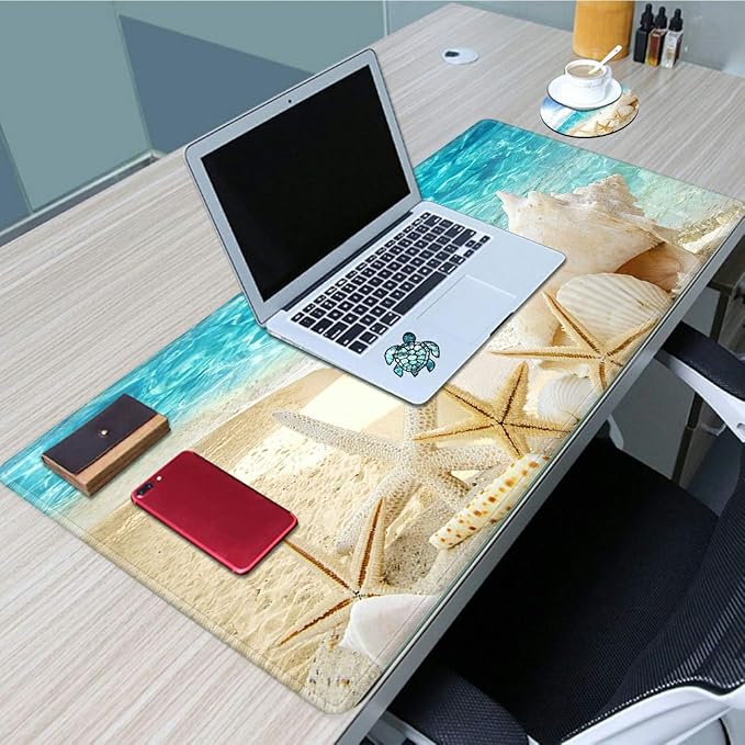 Big Desk Pad (31.5 X 11.8 Inch) Desk Mat Accessories for Women Men Desk Protector Extended Mouse Pad for Office/Home Accessories Writing Pad for Top of Desks +Cup Coaster, Beach Shells