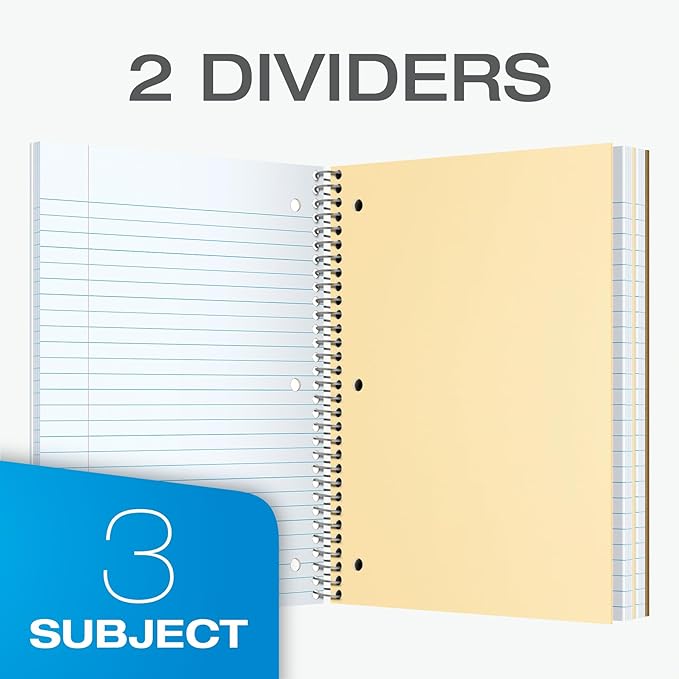 Oxford Spiral Notebooks, 3 Pack, 3 Subject, College Ruled Notebooks for School, 8 x 10.5 Inches, 120 Sheets, 2 Dividers, Assorted Colors, Back to School Supplies (65202)
