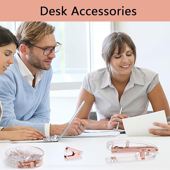 Office Supplies,Desk Accessories,with Stapler,Tape Dispenser,Staple Remover,Scissor,Ballpoint Pen,Clear Tape,Staples,Binder,Best Gift Set(Rose Gold)