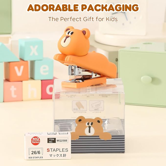Honagu Mini Cute Animal Stapler with Staples, Cartoon Stereoscopic Silicone (PVC) Stapler, Labor-Saving Office Supplies for Students Kids (Coffee Bear)