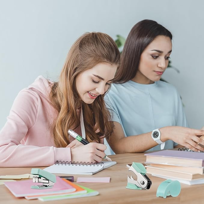 Colarr Mini Office Supply Kit Includes Stapler Tape Dispenser Staple Remover Paper Clips Scissor Staples Pen Sharpener Note Small Telescopic Knife for Office and School Clerk Student (Green)