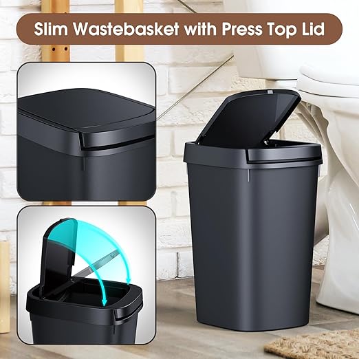 CEROELDA Slim Bathroom Trash Can, 10L/2.6 Gal Plastic Wastebasket with Press Top Lid, Pop-up Lid for Toilet, Office, Bedroom (Black, 1 Pack)