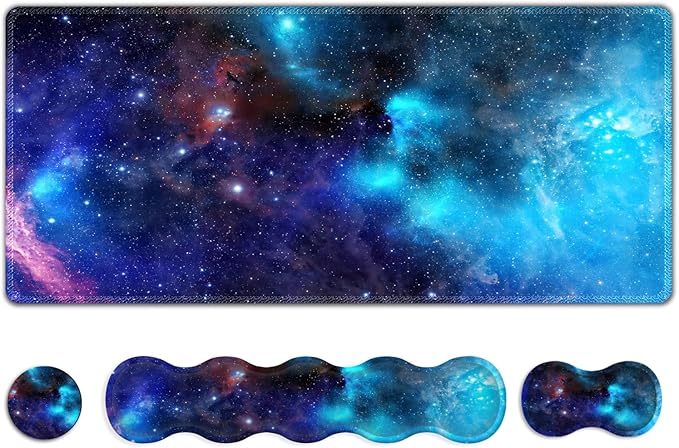 Extended Gaming Mouse Pad, Keyboard Wrist Rest Pad, Wrist Support Mousepad Set, Artso Large Rubber Base Stitched Edges, Multifunctional Desk Pad (35 x15.5 in) for Work, Office, Home, Universe Galaxy