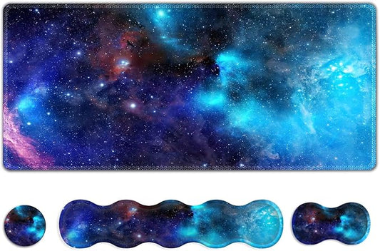 Extended Gaming Mouse Pad, Keyboard Wrist Rest Pad, Wrist Support Mousepad Set, Artso Large Rubber Base Stitched Edges, Multifunctional Desk Pad (35 x15.5 in) for Work, Office, Home, Universe Galaxy