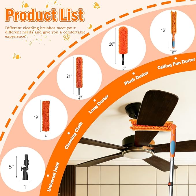LAANPOLE 20FT Reach Ceiling Fan Cleaner Duster, Fan Blade Cleaner Kit with 3-12FT Extension Pole, Microfiber Duster & Replaceable Cleaning Cloth for Blades, Ceiling, Furniture