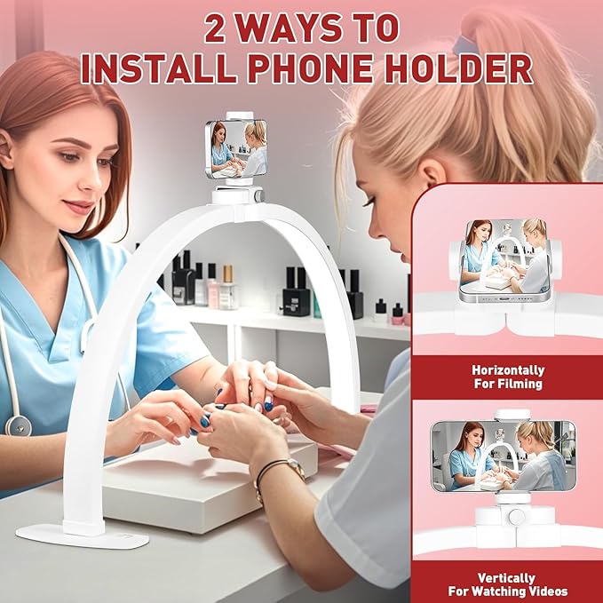 KIRKAS Foldable Esthetician for Half Moon Light Nail Tech for Lash, Craft, Tattoo, Manicure, 29in Large Nail Desk Lamp 4700 Lumens Adjustable 3 Color Modes & 10 Brightness with Phone Stand-White