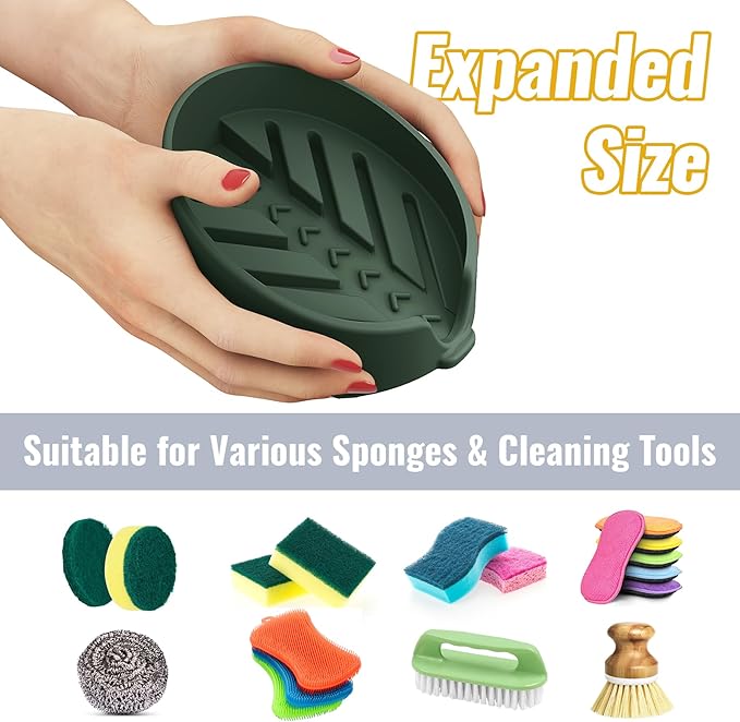 NiHome Silicone Sponge Holder Compatible with Scrub Daddy Mommy Sponges for Kitchen & Bathroom, Auto Draining Organizer, Holds Multiple Sponges & Cleaning Tools, Food-Grade,Dishwasher Safe(Dark Green)