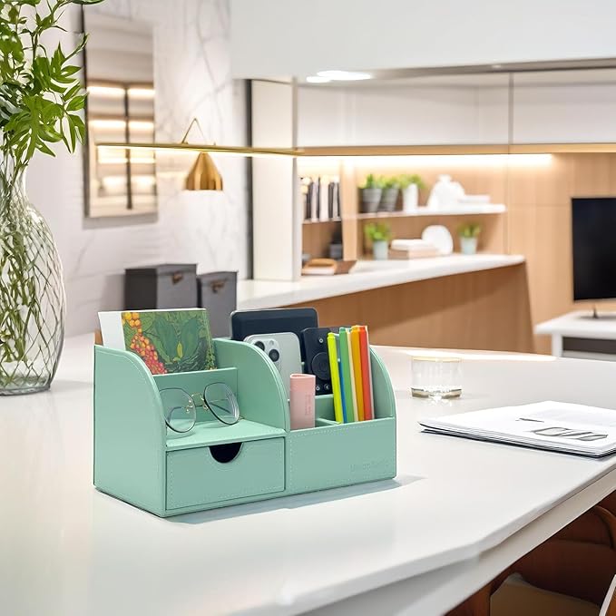 UnionBasic Desk Organizer - Multifunctional Leather Desktop Pen Holder Storage Box - Business Card/Pen/Pencil/Mobile Phone/Stationery Holder, Mint Green
